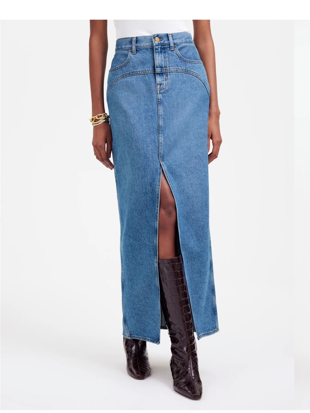 NWOT Madewell Blue Denim Western
Maxi Skirt Boho Front Slit Yolk Size 39" Fall - Picture 3 of 12